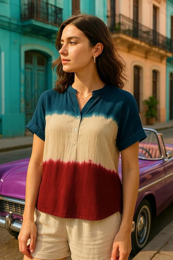 Women Multicolor Handcrafted Tie & Dye Rayon Top | Mandarin Collar | Short Sleeves | Lightweight & Breathable Fabric | Casual Wear & Office Wear