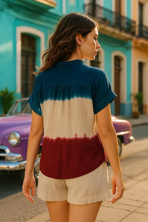 Women Multicolor Handcrafted Tie & Dye Rayon Top | Mandarin Collar | Short Sleeves | Lightweight & Breathable Fabric | Casual Wear & Office Wear