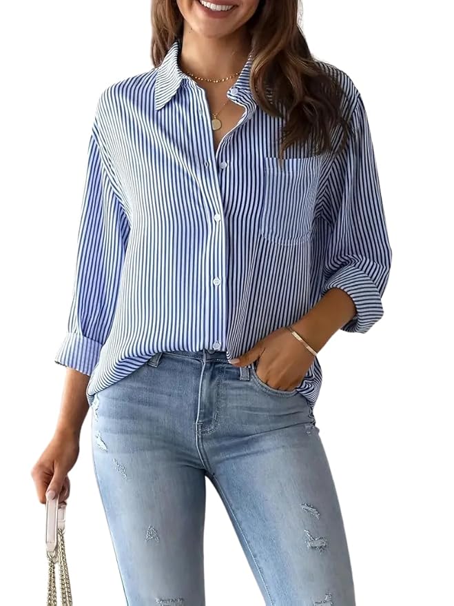 Women's Classic Fit Striped Print Poly Cotton Shirt with Long Sleeve Mandarin Neck Standard Length and Button Down Closure Type