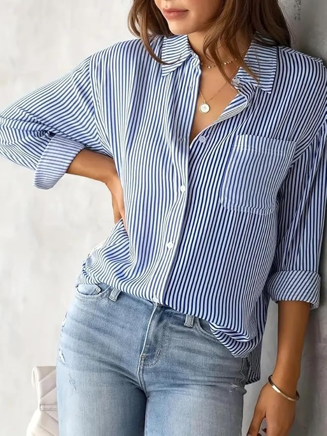 Women's Classic Fit Striped Print Poly Cotton Shirt with Long Sleeve Mandarin Neck Standard Length and Button Down Closure Type