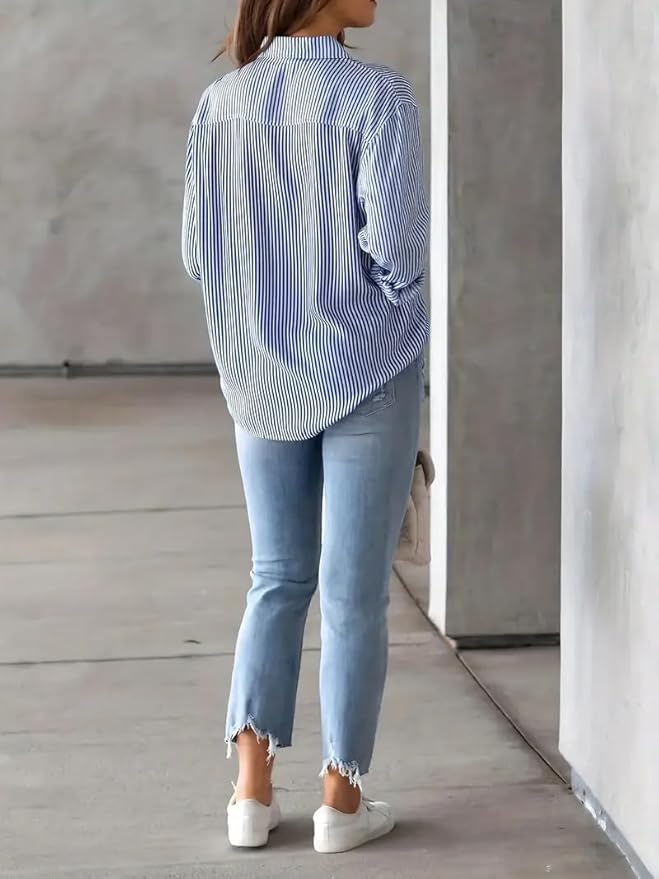 Women's Classic Fit Striped Print Poly Cotton Shirt with Long Sleeve Mandarin Neck Standard Length and Button Down Closure Type