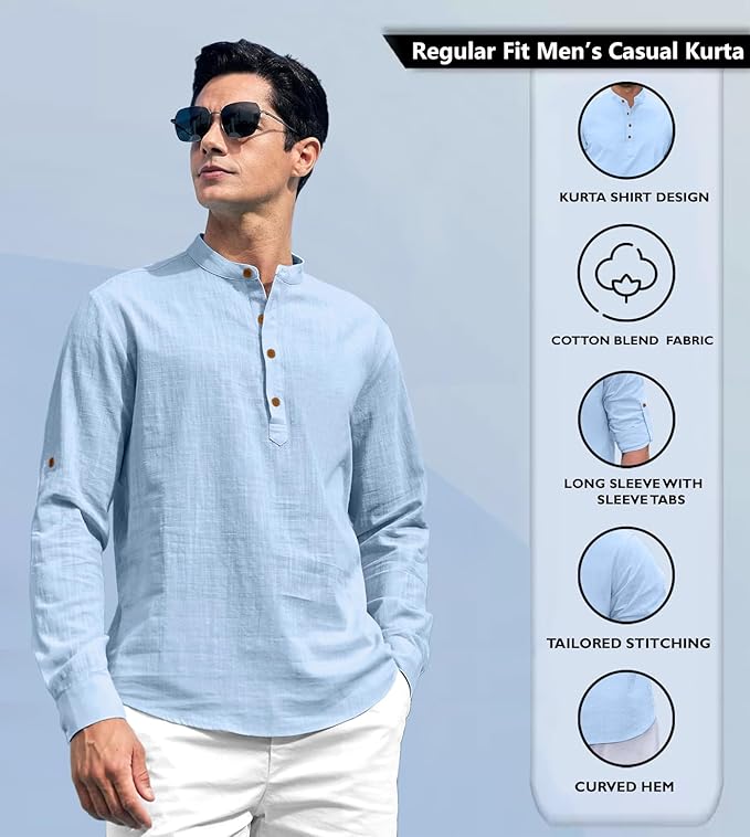 Cotton Polyester Blend Solid Casual Regular Fit Mandarin/Chinese Collor Short Kurta for Men