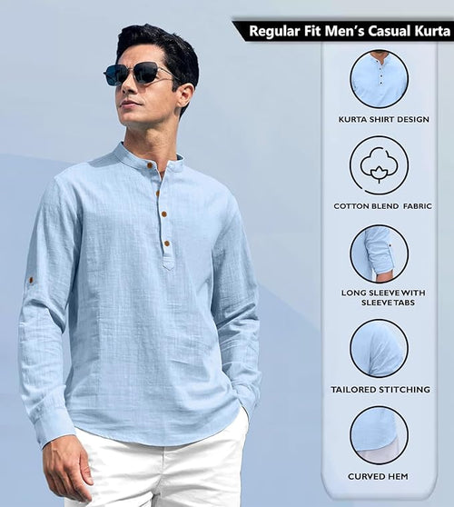 Cotton Polyester Blend Solid Casual Regular Fit Mandarin/Chinese Collor Short Kurta for Men