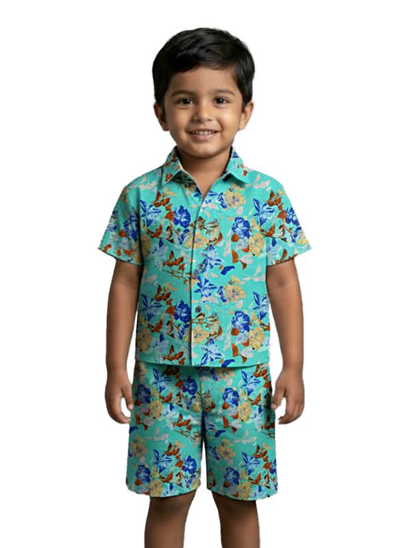 Boys Tropical Floral Shirt & Shorts Set Boys Summer Co-Ord Outfit Lightweight Cotton Blend Casual Wear for Beach, Vacatio
