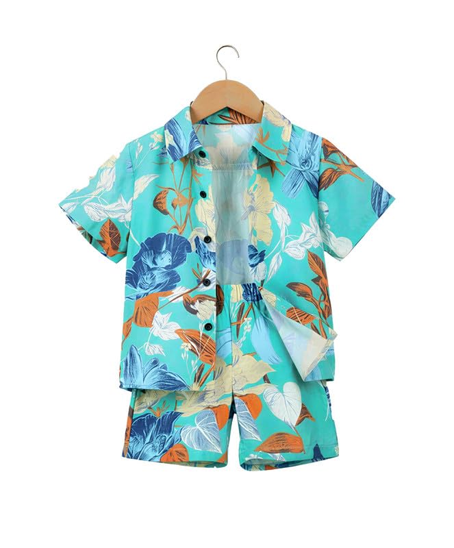 Boys Tropical Floral Shirt & Shorts Set Boys Summer Co-Ord Outfit Lightweight Cotton Blend Casual Wear for Beach, Vacatio