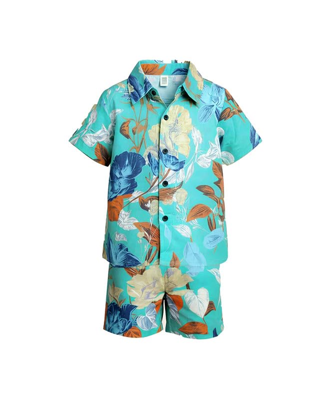 Boys Tropical Floral Shirt & Shorts Set Boys Summer Co-Ord Outfit Lightweight Cotton Blend Casual Wear for Beach, Vacatio