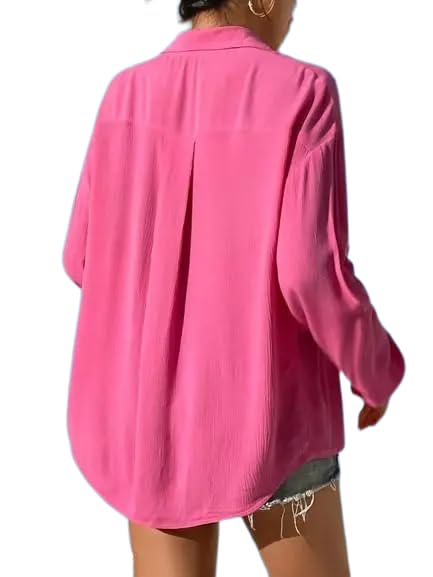 Button Down Collared Full Sleeves Loose Fit Pink Shirt for Women's