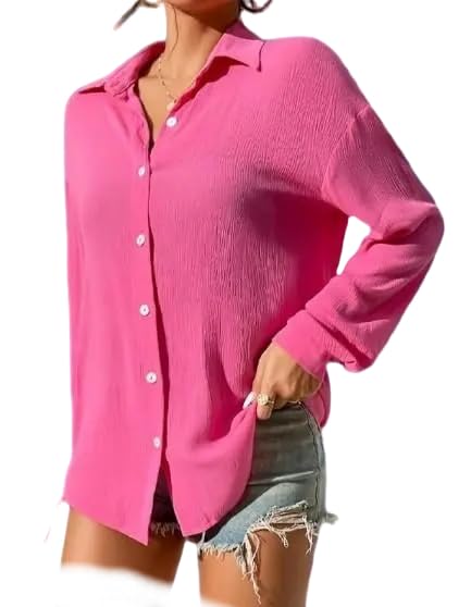 Button Down Collared Full Sleeves Loose Fit Pink Shirt for Women's