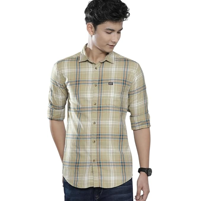 Men's Cotton Slim Fit Checkered Full Sleeves Spread Collar Casual Shirt