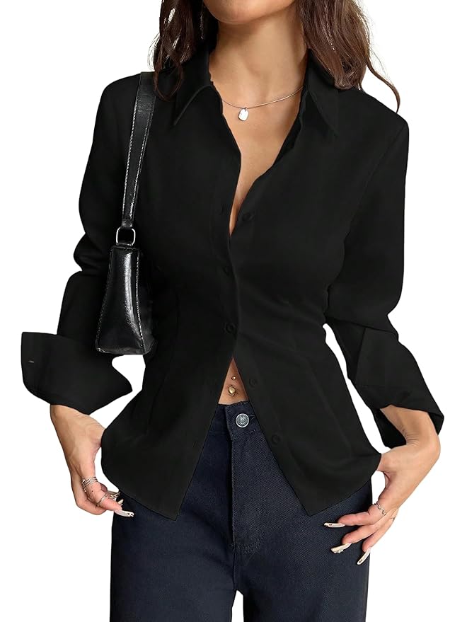 Women Polyester Modern Fit Solid Front Button Long Sleeve Casual Shirt