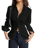 Women Polyester Modern Fit Solid Front Button Long Sleeve Casual Shirt