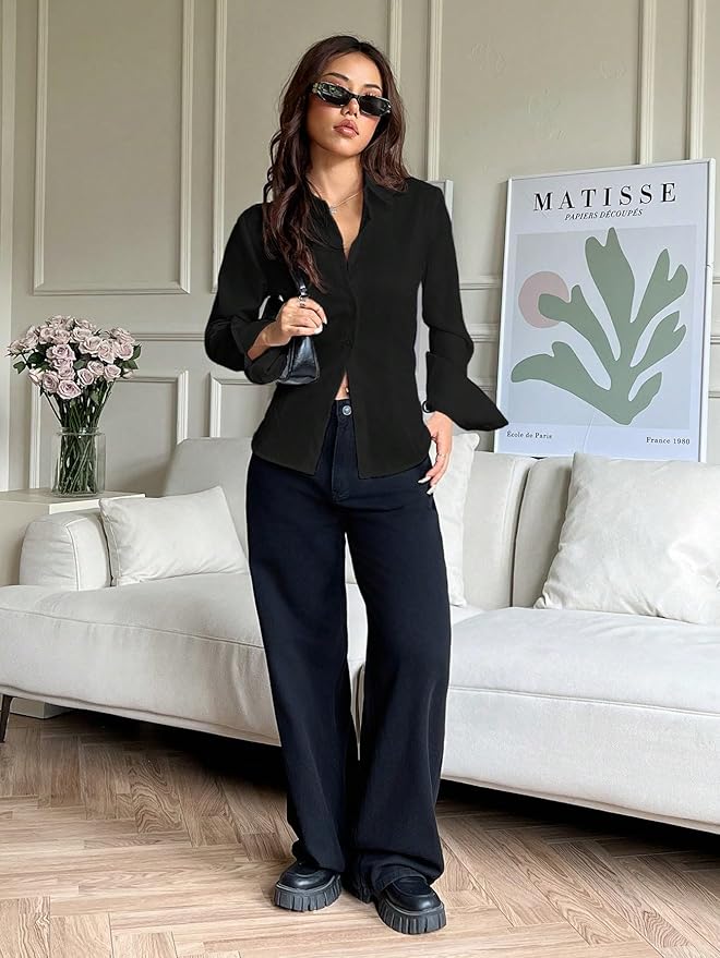 Women Polyester Modern Fit Solid Front Button Long Sleeve Casual Shirt